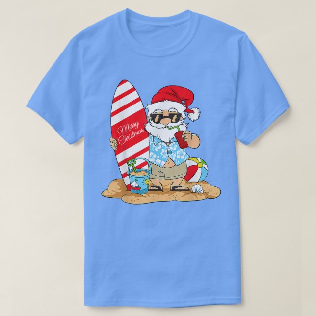 Camiseta Natal Em Julho Papai Noel Na Praia com Su (Frente do Design)
