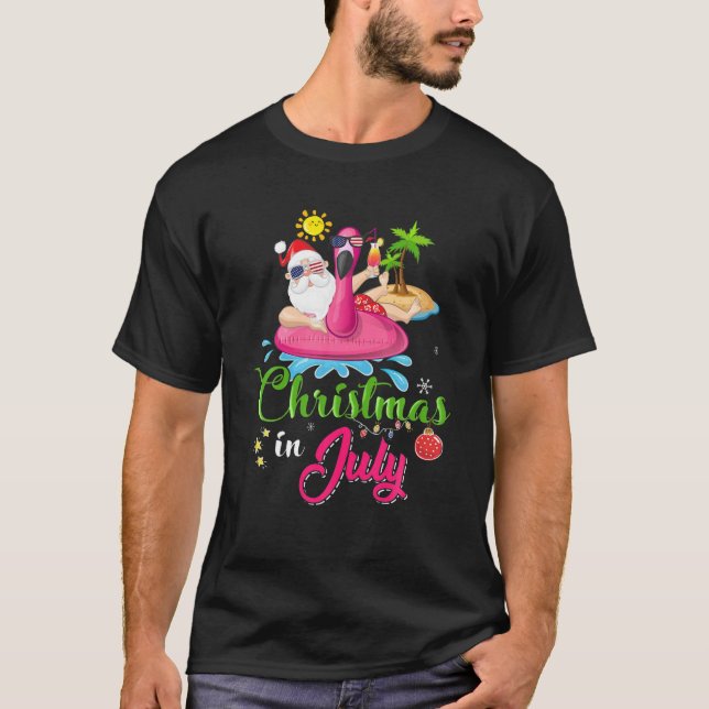 Camiseta Natal Em Julho Papais noeis Engraçados Flamingo Fl (Frente)
