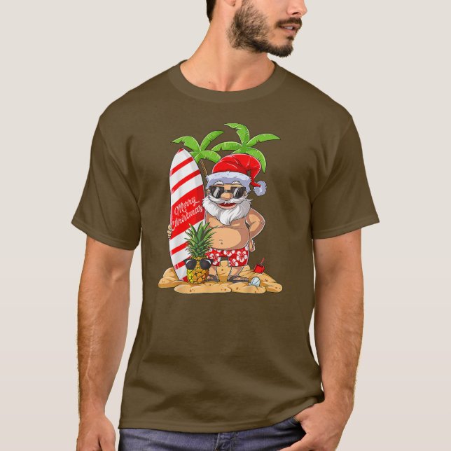 Camiseta Natal em julho Papais noeis Férias de Verão Surfe (Frente)