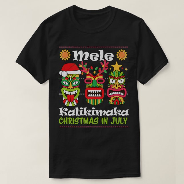 Camiseta Natal Em Julho Papais noeis Havaianos Tiki Mele Ka (Frente do Design)