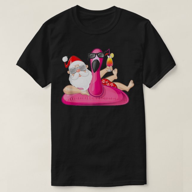 Camiseta Natal em julho Papais noeis Hawaii Flamingo Summer (Frente do Design)