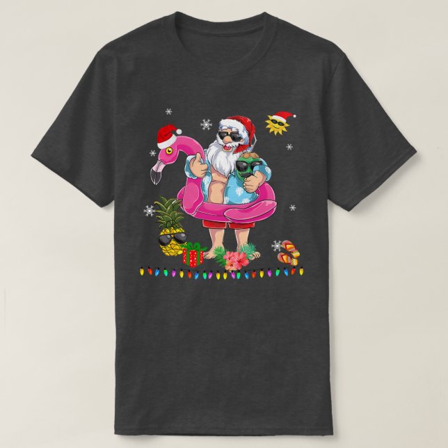 Camiseta Natal em julho Papais noeis hawaii Sunglass Flamin (Frente do Design)