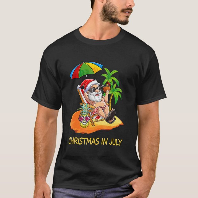 Camiseta Natal Em Julho Papais noeis Hawaii Sunglass Flamin (Frente)