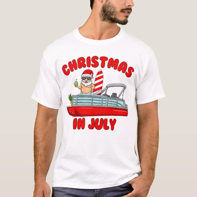 Camiseta Natal Em Julho Papais noeis Pontoon Boat Christmas (Frente)