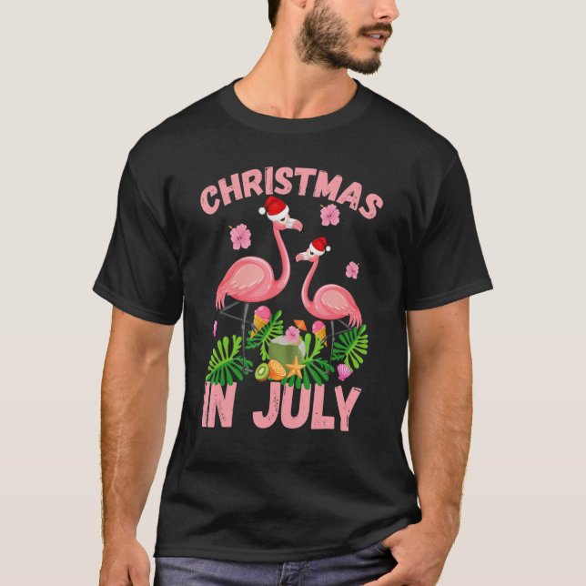 Camiseta Natal em julho Pink Flamingo Funny Xmas Men Weming (Frente)