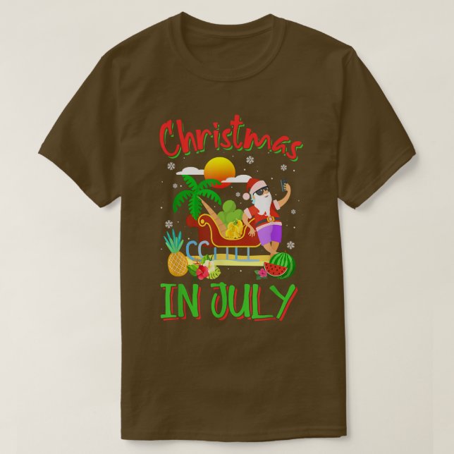Camiseta Natal Em Julho Santa Cláusula Palm Tree Beach Sum (Frente do Design)