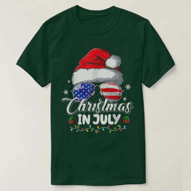 Camiseta Natal em julho Santa Hat EUA Bandeira Sunglass Su (Frente do Design)