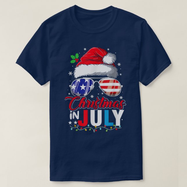 Camiseta Natal em julho Santa Hat EUA Bandeiras sunvidros (Frente do Design)