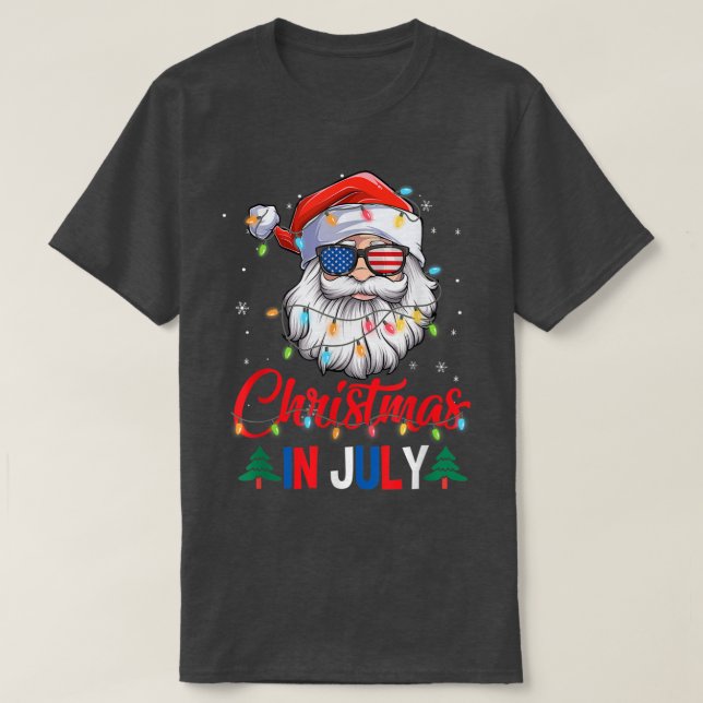 Camiseta Natal Em Julho Santa Hat Óculos Solares Usa Bandei (Frente do Design)