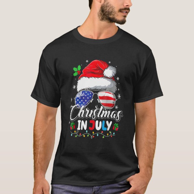 Camiseta Natal Em Julho Santa Hat Usa Bandeira Sunglass Su (Frente)