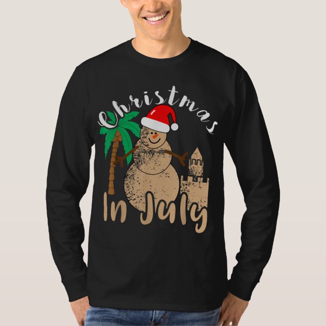 Camiseta Natal Em Julho Snowman Sand Castle Palm Tree Sa (Frente)