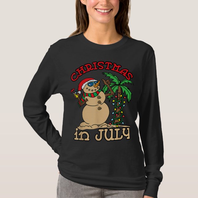 Camiseta Natal Em Julho Snowman Sand Palm Tree Summer (Frente)