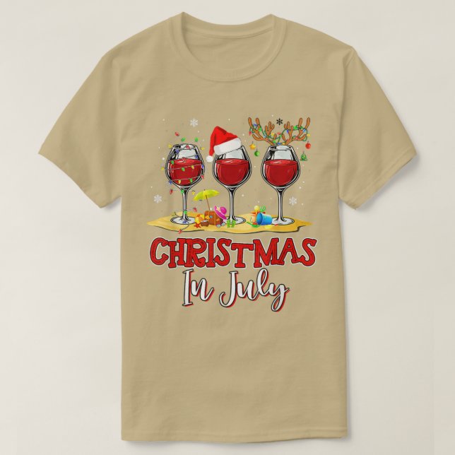 Camiseta Natal em julho Três Vidros de Vinho Vermelho Verão (Frente do Design)