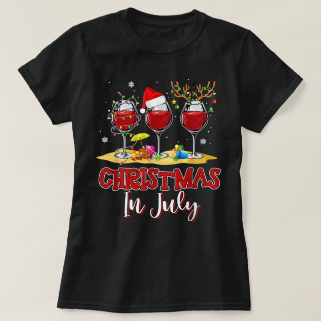 Camiseta Natal em julho Três Vidros de Vinho Vermelho Verão (Frente do Design)