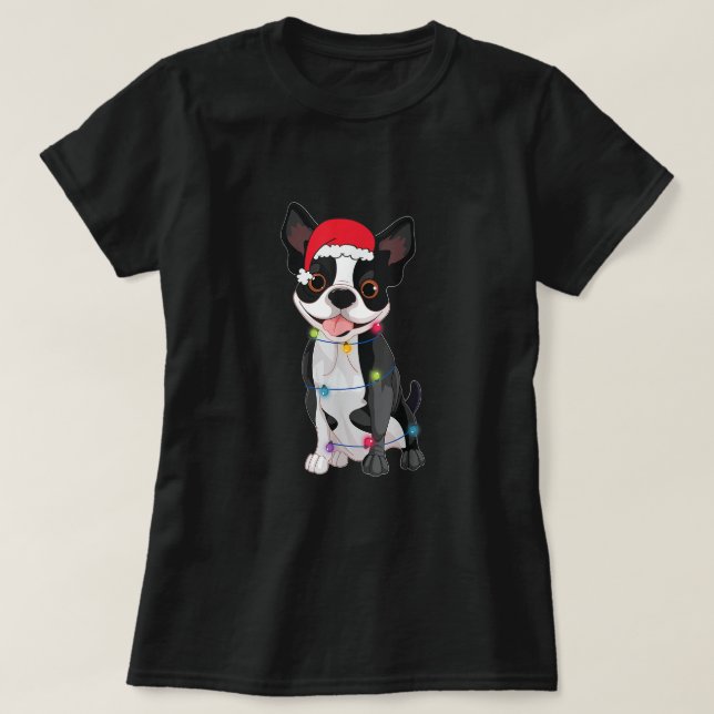 Camiseta Natal engraçado Boston Terrier Lover Santa Hat Lig (Frente do Design)