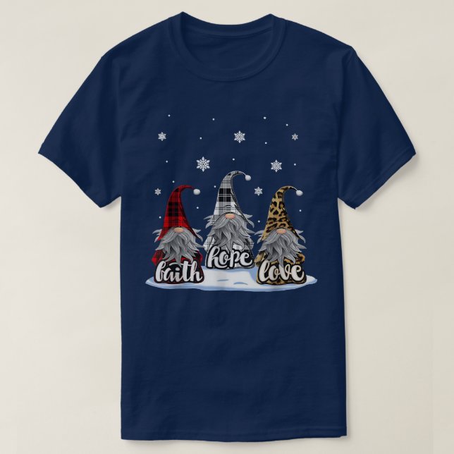 Camiseta Natal Fé Amor Esperança Gnome Xadrez Vermelho Leop (Frente do Design)