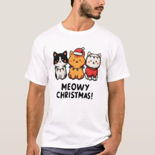 Camiseta Natal Felino com Gatos e Chapéus de Papai Noel