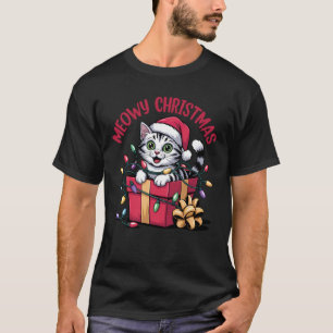 Camiseta Natal Feliz Gatinho Divertido Enrolado em Luzes Na