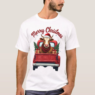 Camiseta Natal Feliz Vintage Vaca Highland Caminhão Vermelh