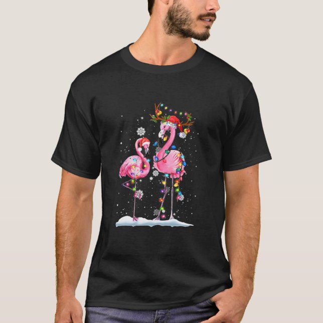 Camiseta Natal Flamingo Santa Hat Xmas Lights Flamingo (Frente)