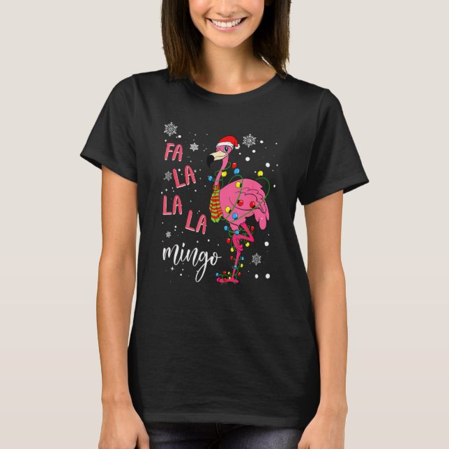Camiseta Natal Flamingo Santa Hat Xmas Lights Flamingo (Frente)