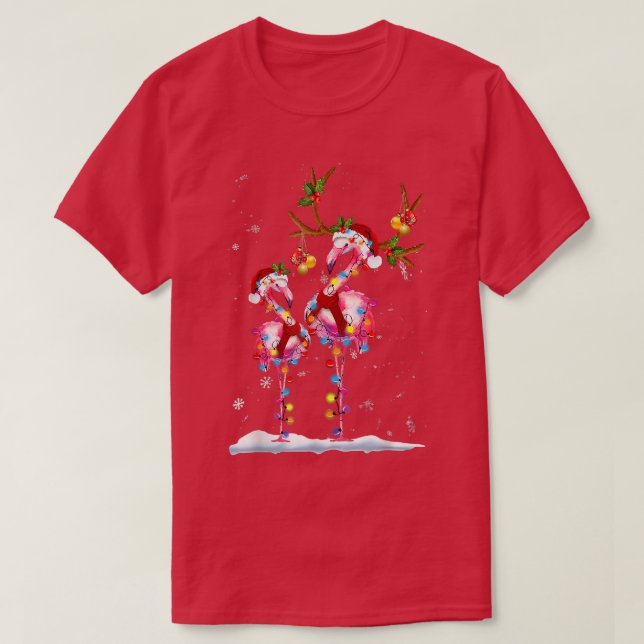 Camiseta Natal Flamingo Santa Hat Xmas Lights Flamingo (Frente do Design)