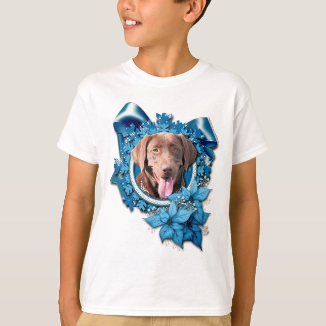 Camiseta Natal - Floco de neve azul - Labrador - Chocolate (Frente)