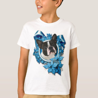 Camiseta Natal - Flocos de Neve Azul - Boston Terrier