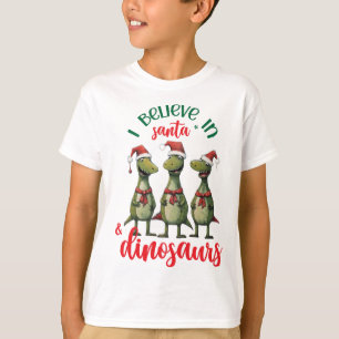 Camiseta Natal Fofo Eu Acredito no Papai Noel e Dinossauros