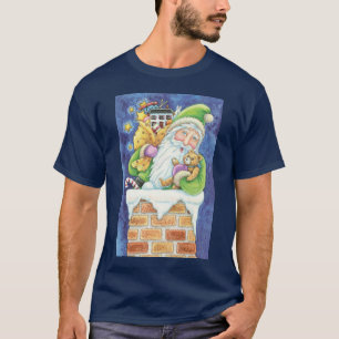 Camiseta Natal fofo, Papai Noel na Chaminé com Brinquedos