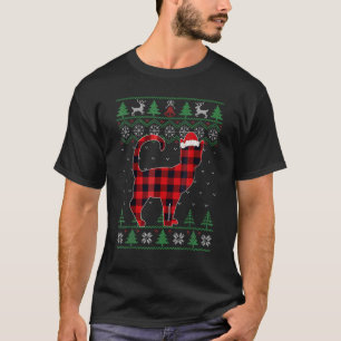 Camiseta Natal Gato Vermelho Xadrez Xmas Luzes Pijamas Feia