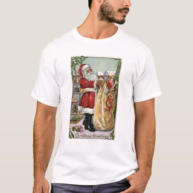Camiseta Natal GreetingSanta com grande saco (Frente)