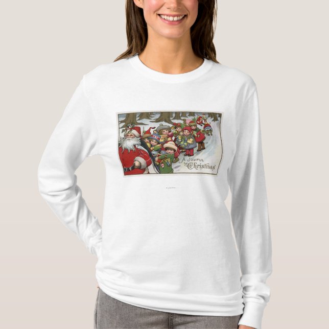 Camiseta Natal GreetingSanta e ajudantes (Frente)