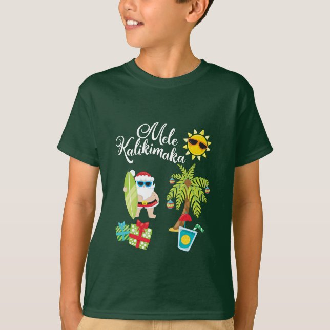 Camiseta Natal havaiano. Papai Noel Mele Kalikimaka. (Frente)