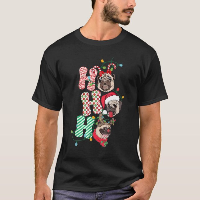 Camiseta Natal Ho Ho Ho Pug Dog Para Cachorros Xmas (Frente)