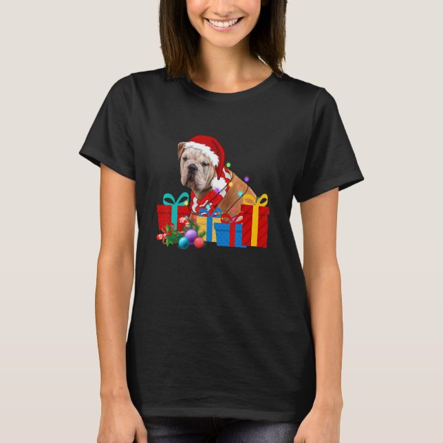 Camiseta Natal Inglês Buldogue Dog Xmas Lights Papais noeis (Frente)