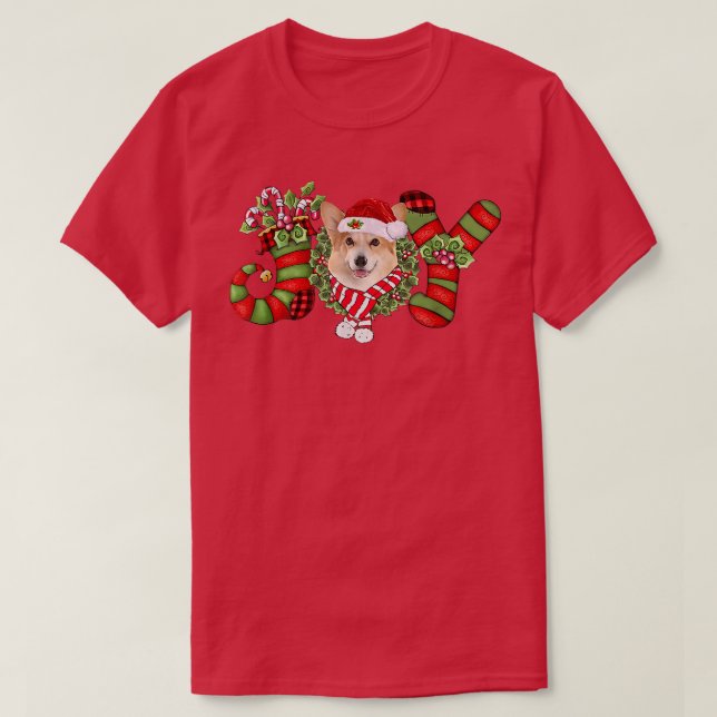 Camiseta Natal Joy Dwarf Stocking Corgi (Frente do Design)