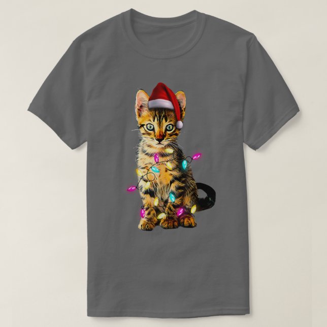 Camiseta Natal Kitten Xmas Cat Tree Santa Hat Natal (Frente do Design)