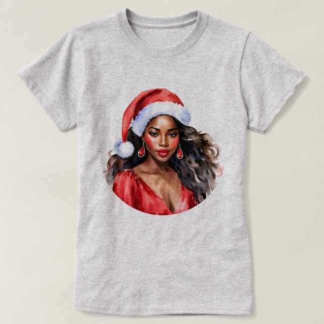 Camiseta Natal Linda Mulher Negra Santa Hat (Frente do Design)