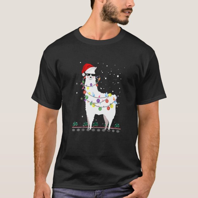 Camiseta Natal Llama Santa Hat Ugly Xmas Tree Alpaca (Frente)