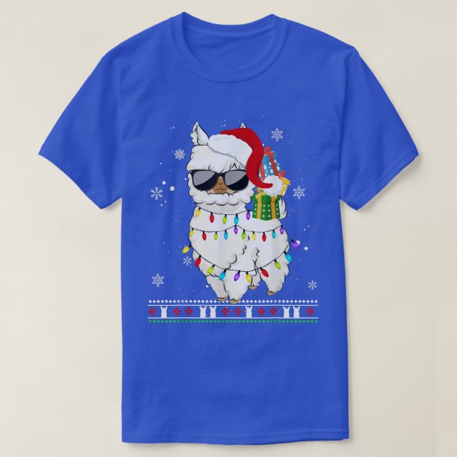 Camiseta Natal Llama Santa Hat Ugly Xmas Tree Alpaca (Frente do Design)