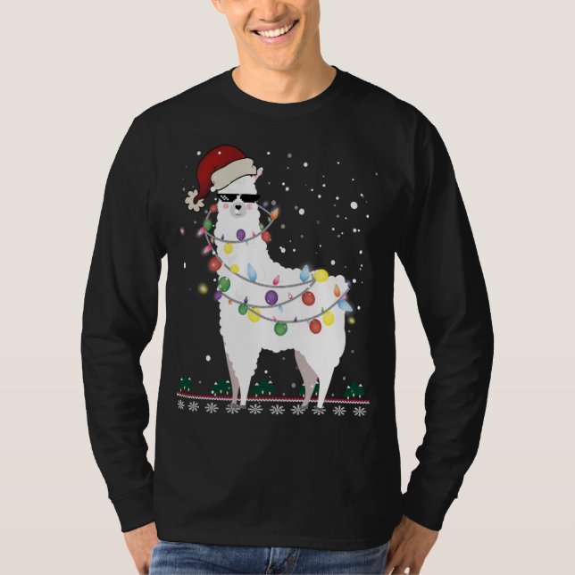 Camiseta Natal Llama Santa Hat Ugly Xmas Tree Alpaca Gi (Frente)