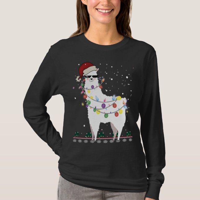 Camiseta Natal Llama Santa Hat Ugly Xmas Tree Alpaca Gi (Frente)