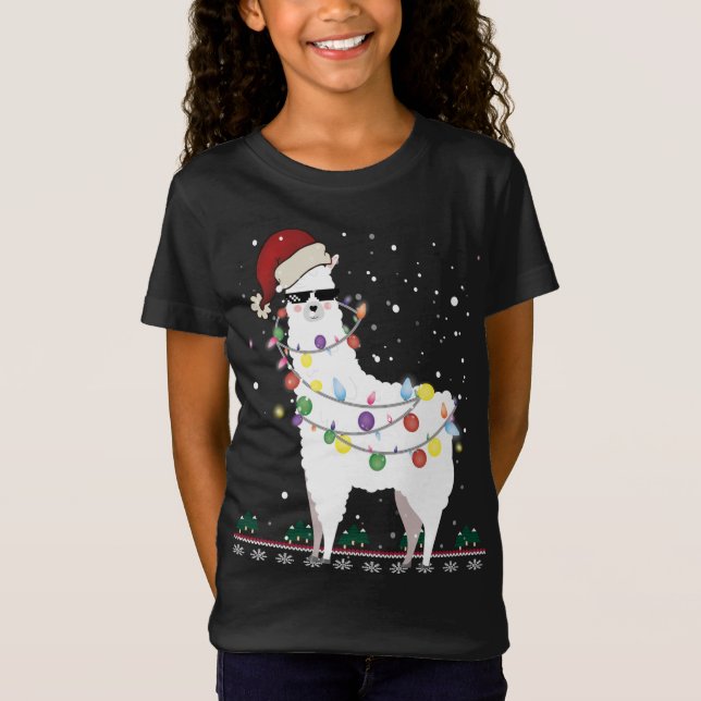 Camiseta Natal Llama Santa Hat Ugly Xmas Tree Alpaca Gi (Frente)