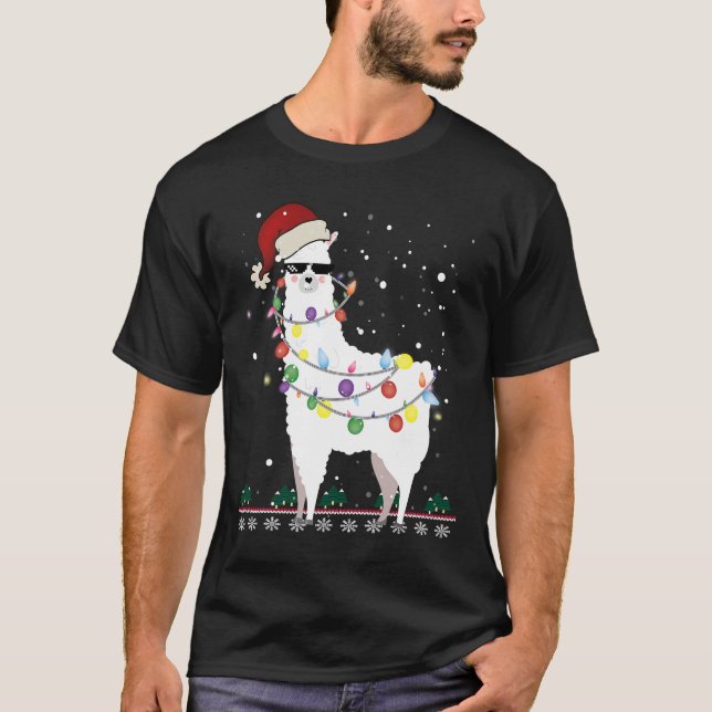 Camiseta Natal Llama Santa Hat Ugly Xmas Tree Alpaca Gi (Frente)
