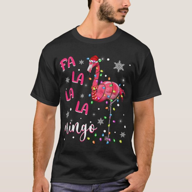 Camiseta Natal Luz Engraçado Xmas Santa Hat Flamingo Ani (Frente)