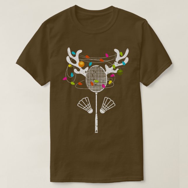Camiseta Natal Luzes Badminton Racket Engraçado Xmas (Frente do Design)