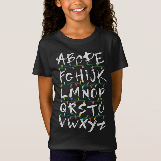 Camiseta Natal Luzes de Alfabeto Xmas Presente Feriado de i (Frente)