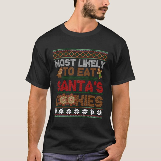 Camiseta Natal Mais Provável Para Comer Cookie Papais noeis (Frente)