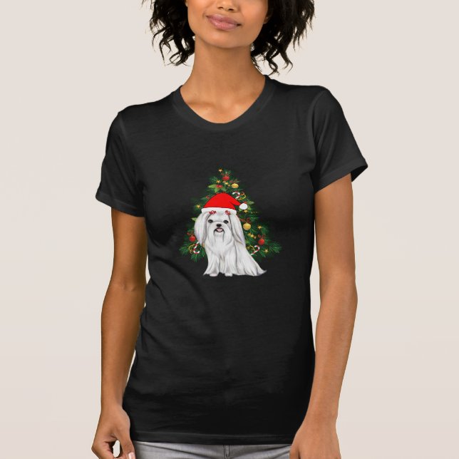 Camiseta Natal Maltês, Xmas Maltês Cachorro com chapéu de P (Frente)